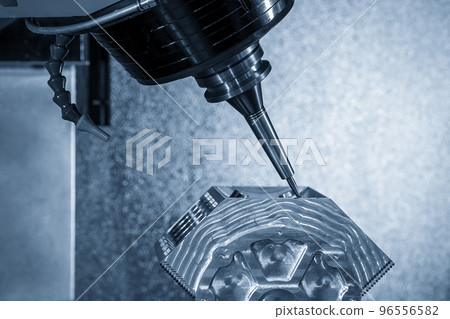 The 5-axis machining center cutting the V8 engine cylinder block with solid ball end mill tool. 96556582