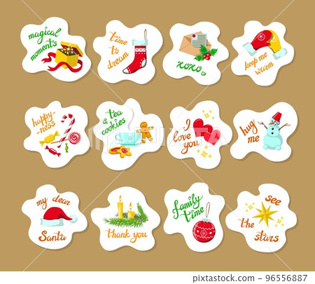 Set of 12 cute Christmas stickers, New Year objects, symbols in white clouds on brown paper, design elements clipart, handwritten hygge phrases Set of 12 cute Christmas stickers, New Year objects, symbols in white clouds on brown paper, design elements clipart, handwritten hygge phrases 96556887