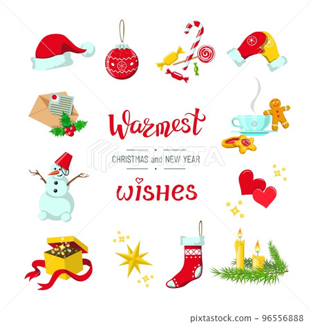 Set of 12 fashionable design elements, cartoon clipart, Christmas and New Year related objects, Warmest Wishes lettering 96556888