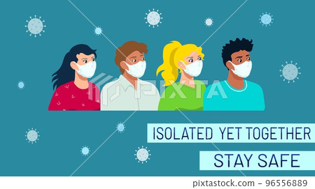 People of different ethnicities, men and women, standing together wearing protective facial masks 96556889