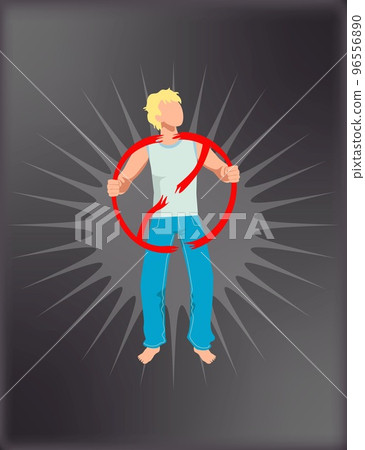 Young fit man in blue jeans, head up, protests alone tearing up red prohibition sign. Editable rebelling young adult, student 96556890