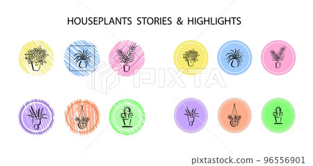 Houseplants story highlight cover templates. Plants icons in rounds, plain and with pencil strokes 96556901