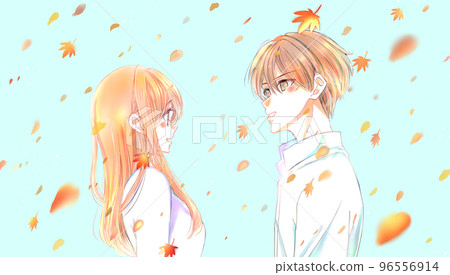 一對男女面對面，秋葉，藍天 96556914