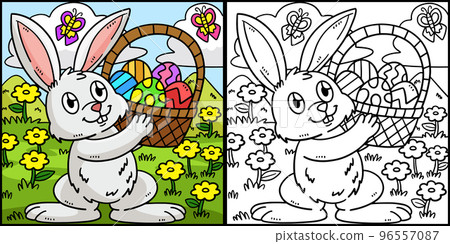 Bunny and Basket of Easter Eggs Illustration 96557087