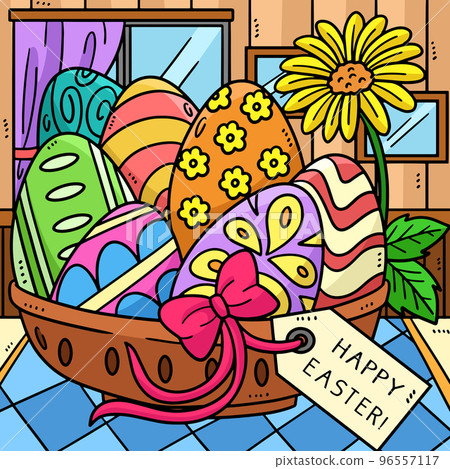 Happy Easter Egg Basket Colored Cartoon Happy Easter Egg Basket Colored Cartoon 96557117