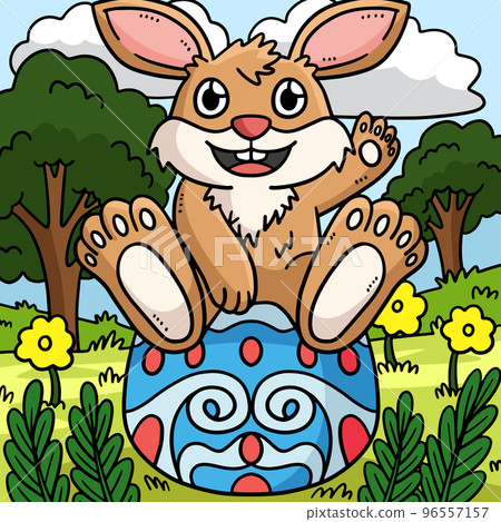 Bunny Sitting on Easter Egg Colored Cartoon Bunny Sitting on Easter Egg Colored Cartoon 96557157