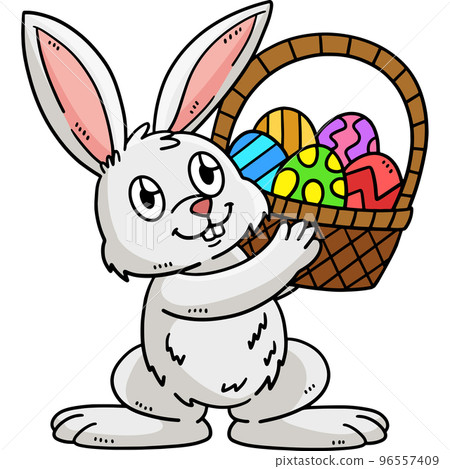 Bunny and Basket of Easter Eggs Cartoon Clipart 96557409