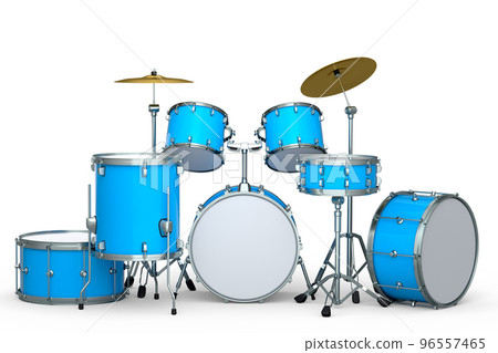 Set of realistic drums with metal cymbals on white background. 3d render concept of musical percussion instrument, drum machine and drumset 96557465