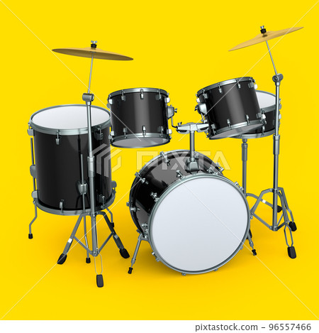 Set of realistic drums with metal cymbals on yellow background. 3d render concept of musical percussion instrument, drum machine and drumset 96557466