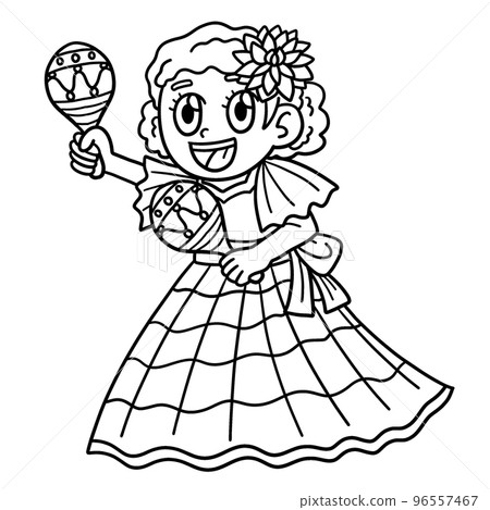 Cinco de Mayo Girl with Maracas Isolated Coloring 96557467