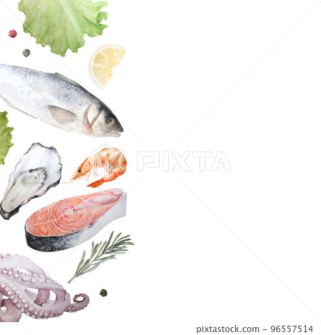 Seafood watercolor illustration, vertical banner on white background. Seafood watercolor illustration, vertical banner on white background. 96557514