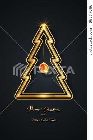 Gold geometric christmas tree with handwritten calligraphy isolated on black background. Design template for greeting card, invitation, flyer, poster. Vector Golden luxury xmas decoration 96557686