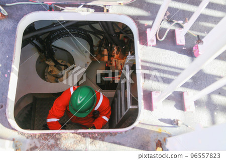 Offshore oil and gas industry and operated by technician petroleum. Worker walking to oil and gas plant for work as routine plan. Maintenance and Operation work scope in oil and gas plant. Offshore oil and gas industry and operated by technician petroleum. Worker walking to oil and gas plant for work as routine plan. Maintenance and Operation work scope in oil and gas plant. 96557823