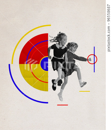 Contemporary art collage. Creative design. Cheerful little girl, children playing together running, having fun Contemporary art collage. Creative design. Cheerful little girl, children playing together running, having fun 96558687
