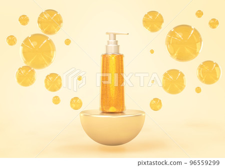 Cosmetics bottle on gold podium with bubbles oil, essence or serum on beige background, 3d render mock up banner. Skin care cosmetic pump tube with liquid drops for display product 96559299