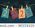 flat art design greeting card for new year 2023 with firework background 96559320