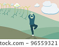 flat art design man relax and yoga training with mountain and wind turbine background 96559321