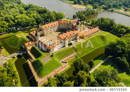 Top view of the Nesvizh Castle and the park in the summer.Belarus 96559384