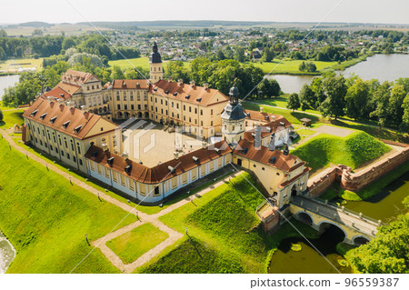 Top view of the Nesvizh Castle and the park in the summer.Belarus 96559387