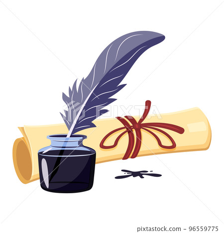Ink with feather and roll of parchment. Poetry symbol. Vector illustration of an inkwell with an ancient scroll of paper Ink with feather and roll of parchment. Poetry symbol. Vector illustration of an inkwell with an ancient scroll of paper 96559775