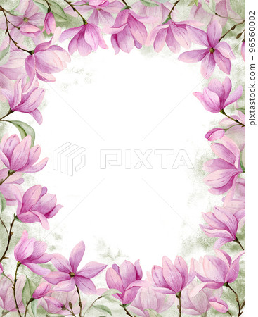 Watercolor frame with Pink Magnolia branches. Hand drawn illustration with Flowers and leaves. Isolated background for wedding invitations or greeting cards. Floral Template for any design. Watercolor frame with Pink Magnolia branches. Hand drawn illustration with Flowers and leaves. Isolated background for wedding invitations or greeting cards. Floral Template for any design. 96560002