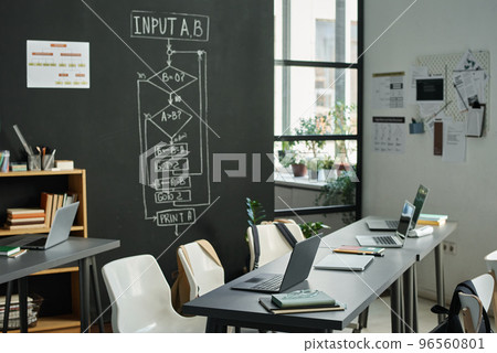 Modern classroom with computers on table for studying IT technology with blackboard with charts in background Modern classroom with computers on table for studying IT technology with blackboard with charts in background 96560801