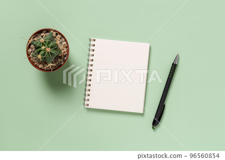 Empty notepad, pen and cactus against green background. Empty notepad, pen and cactus against green background. 96560854
