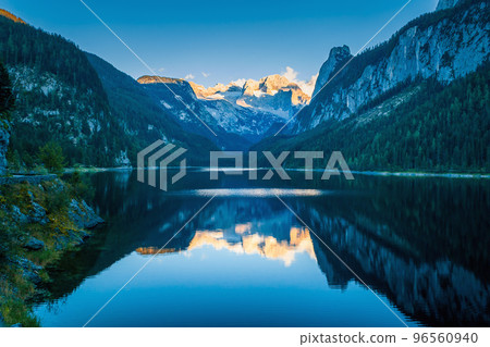 landscape with Gosausee lake in the mountain valley, Gosauseen lakes in the Dachstein Mountains in the Alps in Austria 96560940