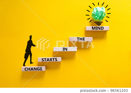 Change starts in the mind symbol. Concept words Change starts in the mind on wooden blocks on yellow table yellow background. Businessman icon. Business motivational change starts in the mind concept. 96561203