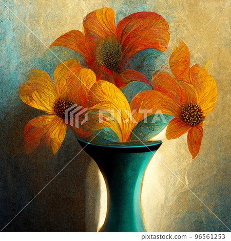 Orange flowers bouquet in teal ceramic vase in sunlight. 96561253