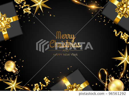Merry Christmas and Happy New Year. Xmas Festive background with realistic 3d objects, gift box, blue and white balls. 96561292