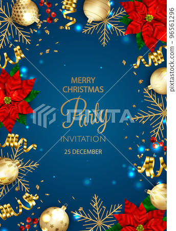 Merry Christmas and Happy New Year. Xmas Festive background with realistic 3d objects, gift box, blue and white balls. 96561296