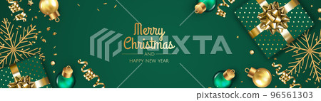 Merry Christmas and Happy New Year. Xmas Festive background with realistic 3d objects, gift box, blue and white balls. Merry Christmas and Happy New Year. Xmas Festive background with realistic 3d objects, gift box, blue and white balls. 96561303