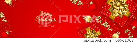 Christmas banner. Xmas background design with realistic christmas ball and golden confetti glitter. 96561305