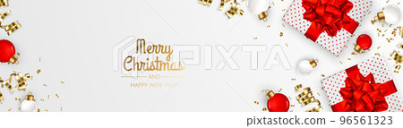 Christmas banner. Xmas background design with realistic christmas ball and golden confetti glitter. 96561323