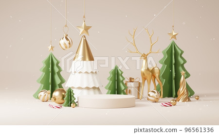 Christmas backgrounds with podium stage platform in minimal New year event theme. Merry Christmas scene for product display mock up banner. Empty stand pedestal decor in Xmas winter scene. 3D render. Christmas backgrounds with podium stage platform in minimal New year event theme. Merry Christmas scene for product display mock up banner. Empty stand pedestal decor in Xmas winter scene. 3D render. 96561336