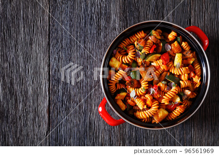 Vegetable with Pasta in red pot, top view Vegetable with Pasta in red pot, top view 96561969