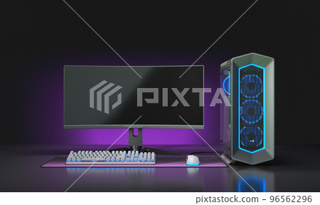 Computer Gaming PC on desk in dark room with neon light Futuristic modern workplace Computer Gaming PC on desk in dark room with neon light Futuristic modern workplace 96562296