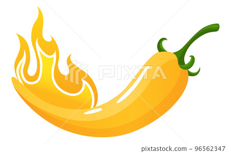 Spicy level. Hot chili pepper icon with flame and color rating of medium. Yellow level of pepper sauce or snack food Spicy level. Hot chili pepper icon with flame and color rating of medium. Yellow level of pepper sauce or snack food 96562347