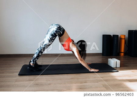 Young attractive woman practicing yoga, doing Downward facing dog exercise, adho mukha svanasana pose. Workout sport concept. 96562403