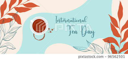 Tea Day banner in boho style with tea mug and smudge prints with drops, International Tea Day, botanical doodle leaves. 96562501