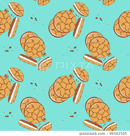 Pattern cookies with filling and biscuit crumbs on a blue background, hand drawn doodle drawing. National Cookie Day. Pattern cookies with filling and biscuit crumbs on a blue background, hand drawn doodle drawing. National Cookie Day. 96562505