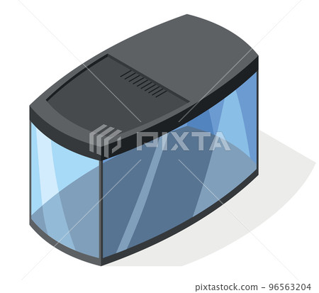 Isometric aquarium in modern minimalistic style. Transparent acrylic, plastic or plexiglass box for exhibit. Vector illustration empty clear glass showcase on white background Isometric aquarium in modern minimalistic style. Transparent acrylic, plastic or plexiglass box for exhibit. Vector illustration empty clear glass showcase on white background 96563204