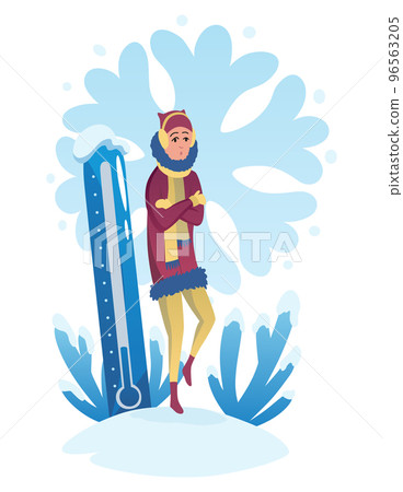 Cold weather. Meteorology thermometer illustration. Cartoon male character in winter season. Cloudy weather 96563205