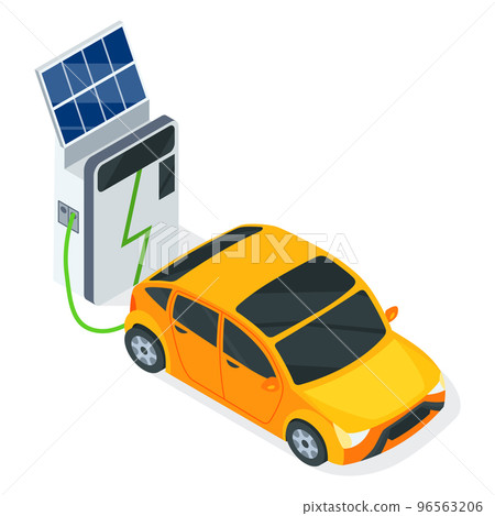 Isometric electric eco transport. Electromobile, vehicle charging station with solar panels, flat vector illustration. Powered by electricity Isometric electric eco transport. Electromobile, vehicle charging station with solar panels, flat vector illustration. Powered by electricity 96563206