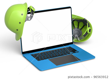 Set of safety helmets or hard caps and laptop on white background 96563912