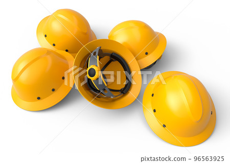 Heap of safety helmets or hard caps for carpentry work on white background 96563925