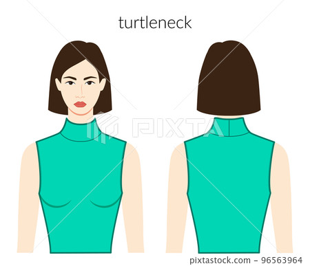 Turtleneck neckline clothes character beautiful lady in top, shirt dress technical fashion illustration with fitted body 96563964
