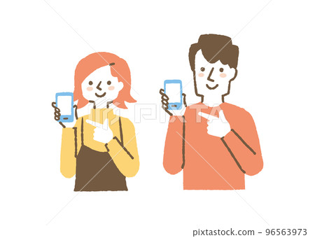 Two men and women pointing at a smartphone _ color Two men and women pointing at a smartphone _ color 96563973