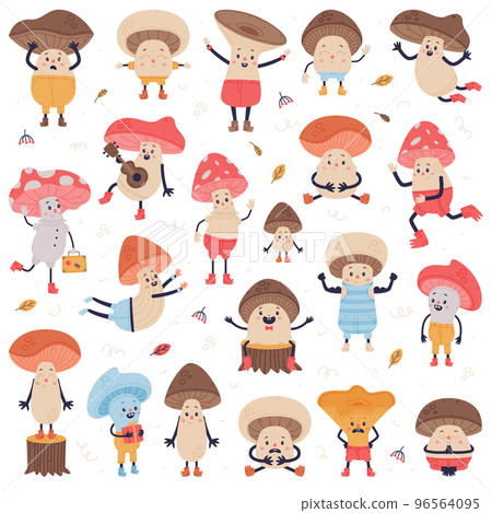 Funny Mushroom Characters with Cap and Stem Having Legs and Arms Vector Set Funny Mushroom Characters with Cap and Stem Having Legs and Arms Vector Set 96564095